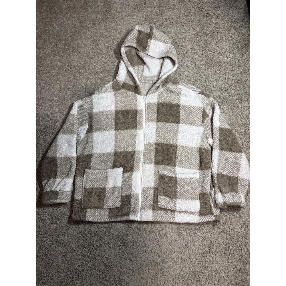 Shein Tan White Buffalo Plaid Teddy Fleece Zip Up Hoodie Jacket Large